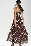 Coffee A Line Spaghetti Straps Long White Polka Dots Dress