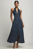Navy Halter A Line White Polka Dots Dress With Slit