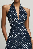 Navy Halter A Line White Polka Dots Dress With Slit