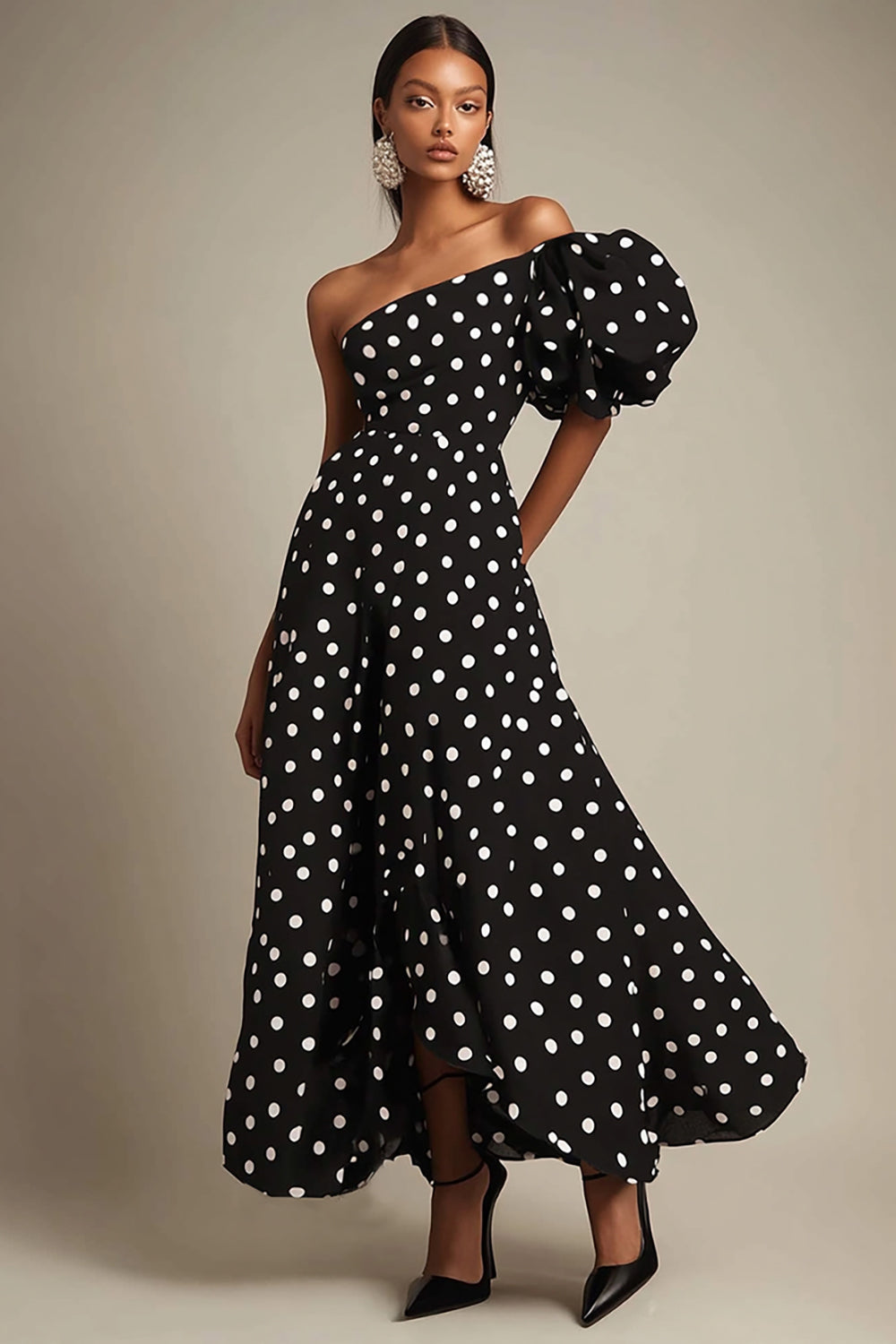 Black A-Line One Shoulder White Polka Dots Dress
