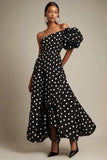 Black A-Line One Shoulder White Polka Dots Dress