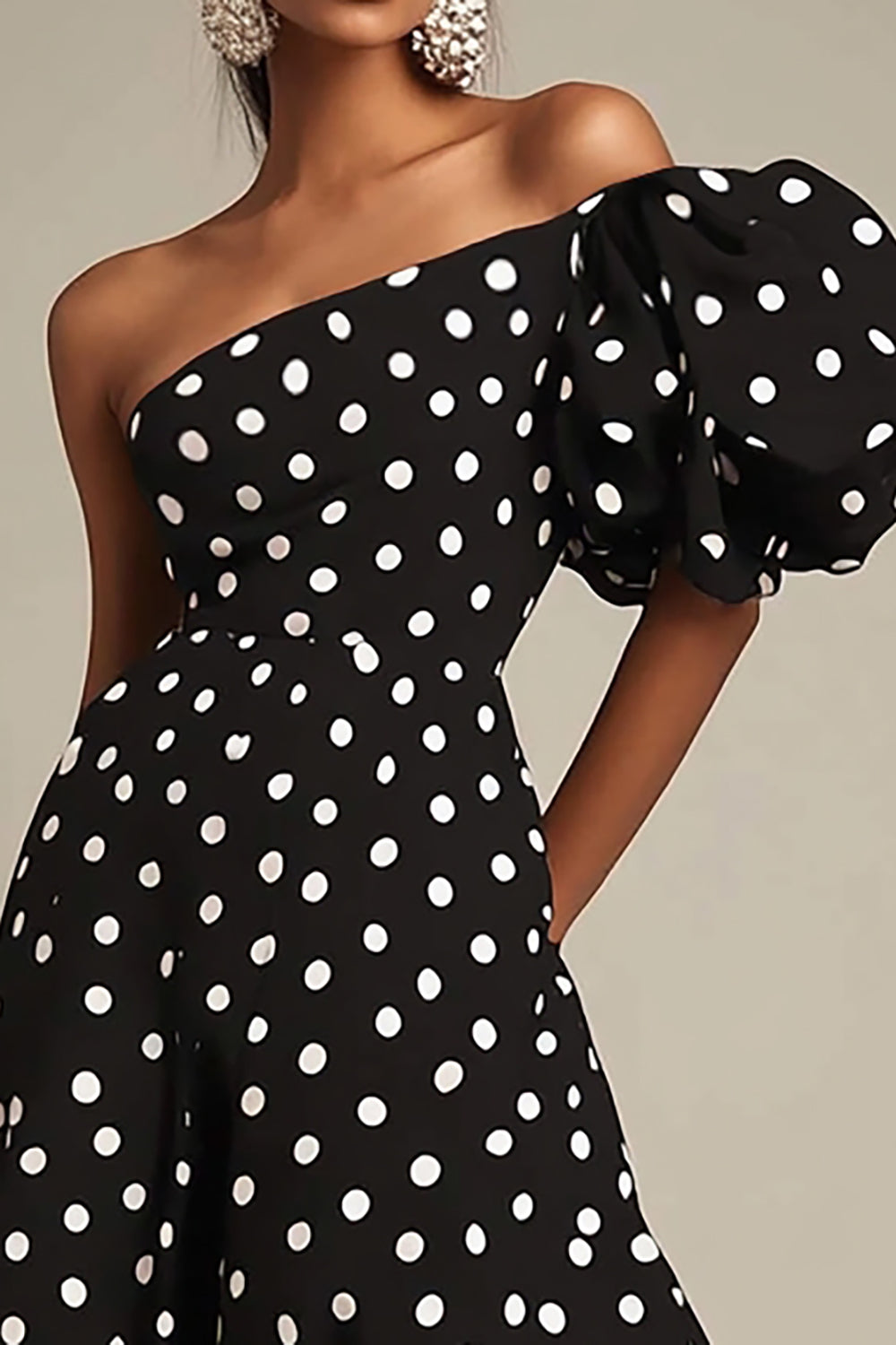 Black A-Line One Shoulder White Polka Dots Dress