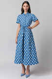 Blue Lapel A Line Midi White Polka Dots Dress With Belt