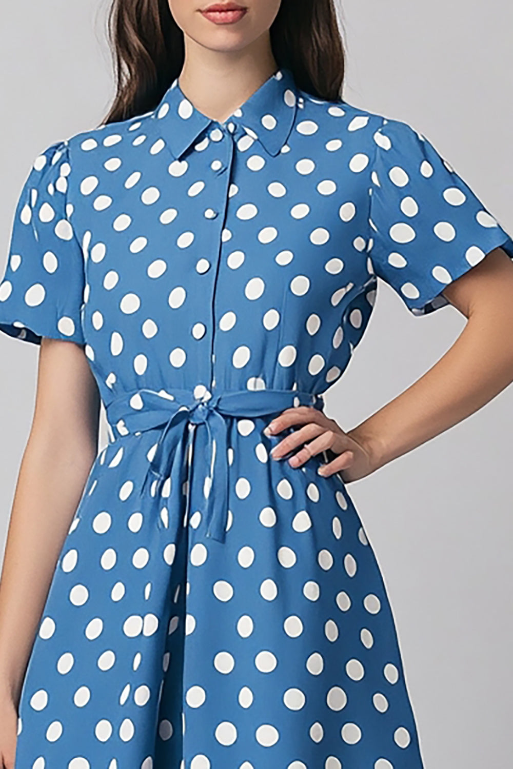 Blue Lapel A Line Midi White Polka Dots Dress With Belt