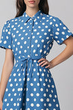 Blue Lapel A Line Midi White Polka Dots Dress With Belt