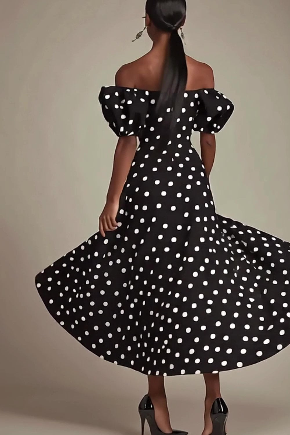 Off The Shoulder A Line Black White Polka Dots Dress