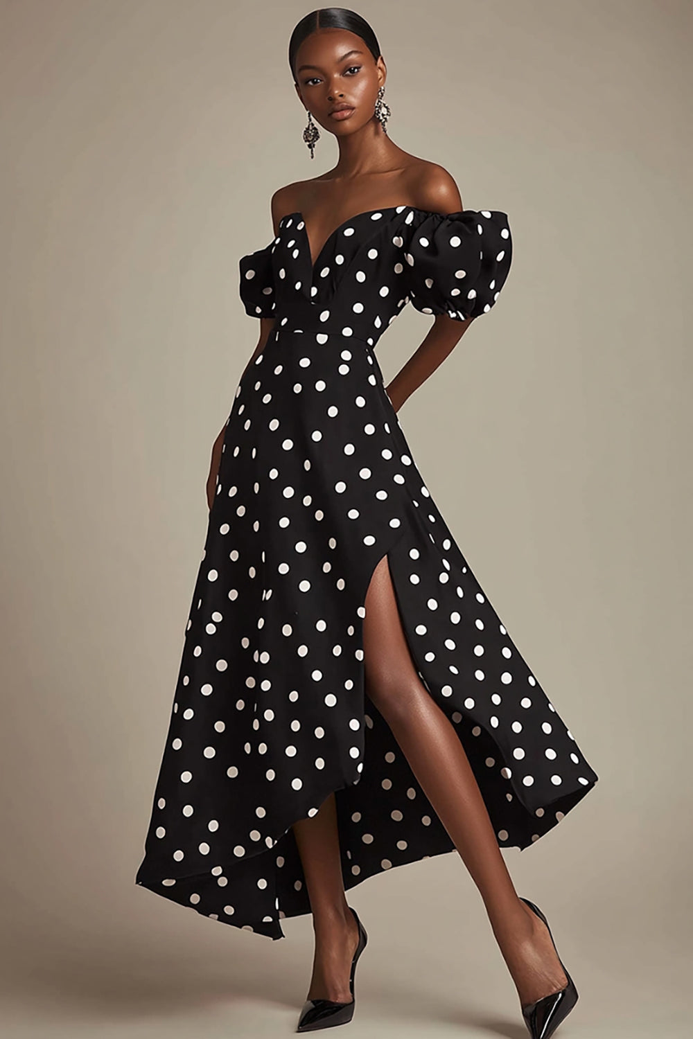 Off The Shoulder A Line Black White Polka Dots Dress