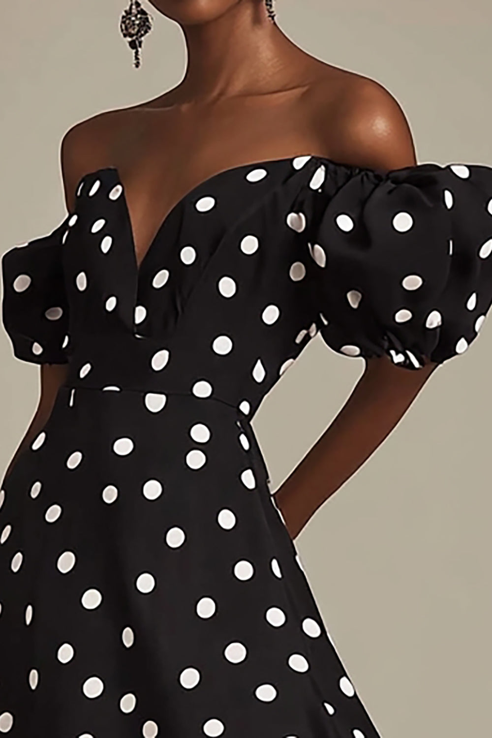 Off The Shoulder A Line Black White Polka Dots Dress