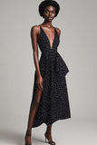 Black A Line V Neck White Polka Dots Dress with Slit