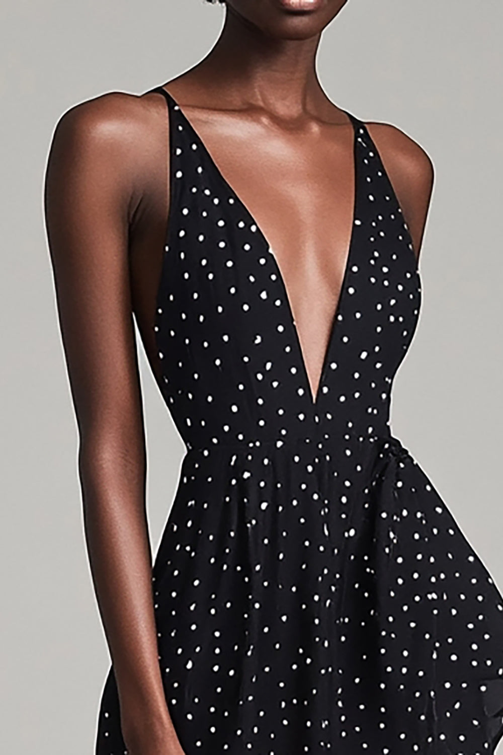 Black A Line V Neck White Polka Dots Dress with Slit