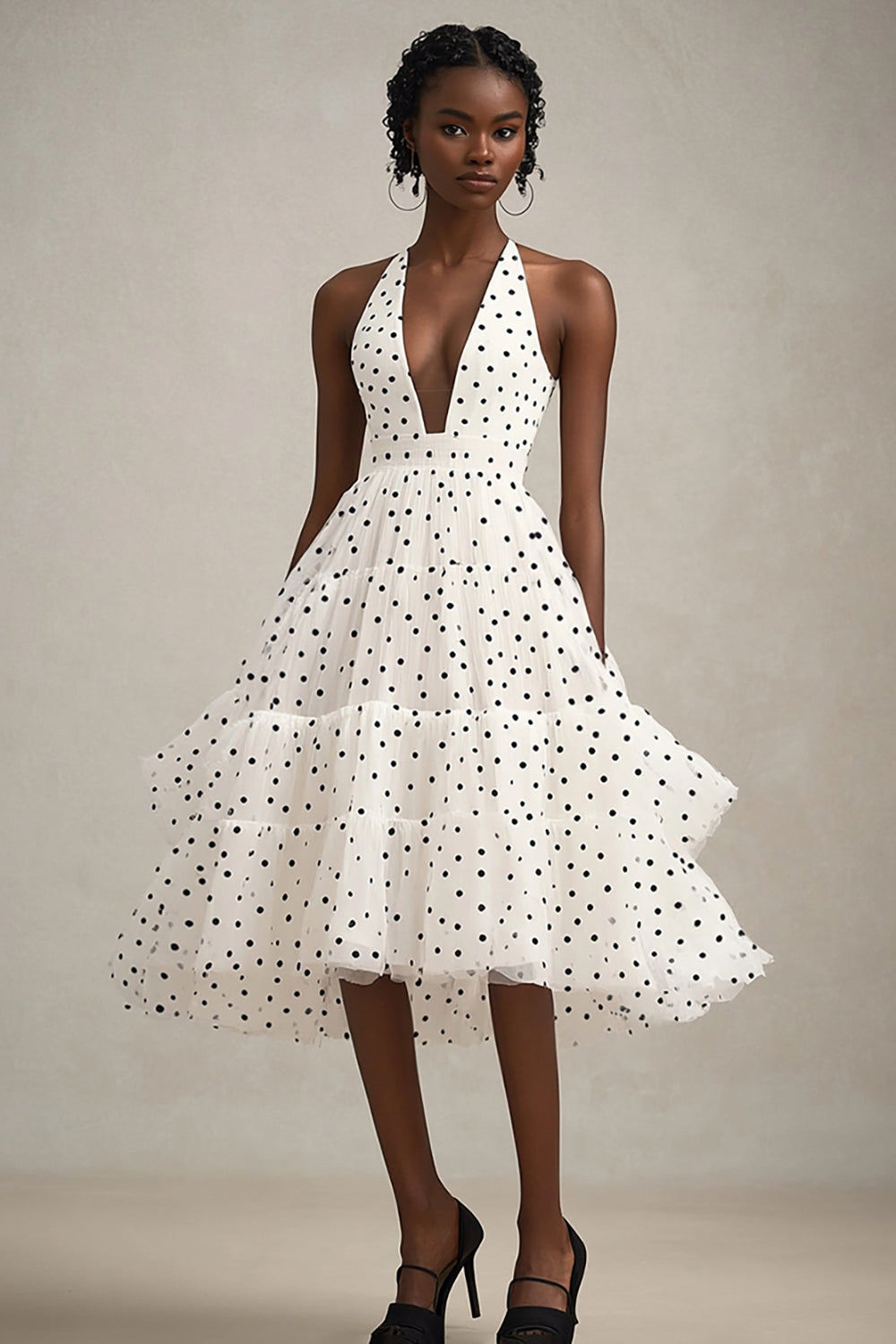 White A Line Halter Tiered Midi Black Polka Dots Dress