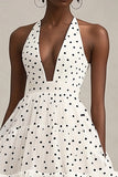 White A Line Halter Tiered Midi Black Polka Dots Dress