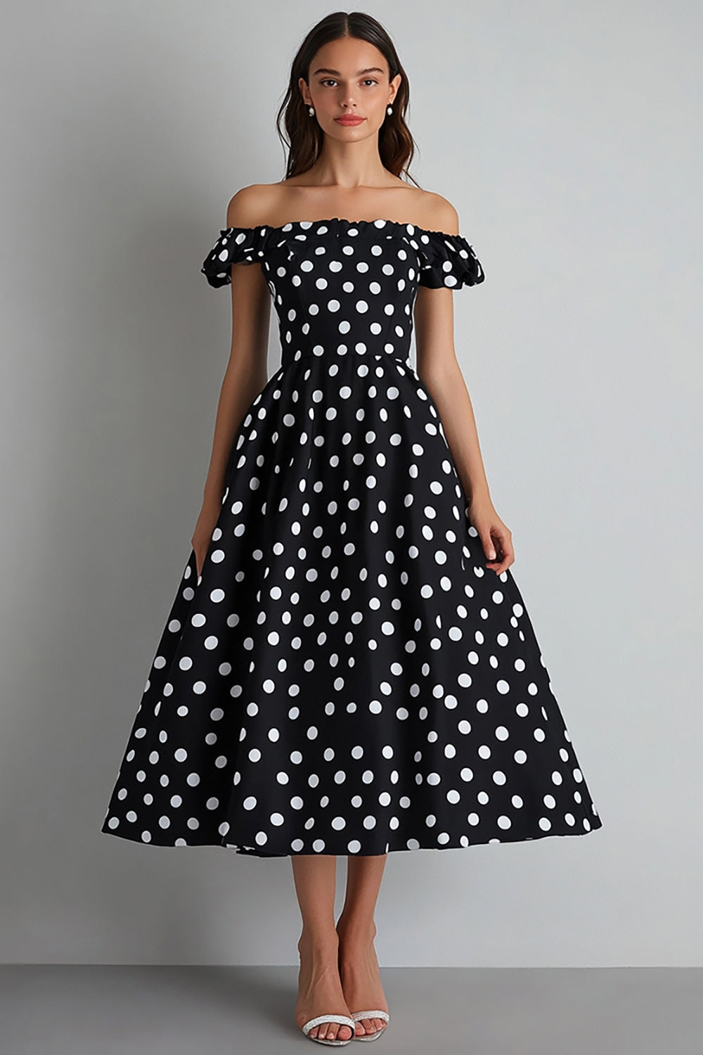 Black Off The Shoulder A Line White Polka Dots Dress