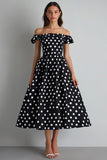 Black Off The Shoulder A Line White Polka Dots Dress