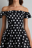 Black Off The Shoulder A Line White Polka Dots Dress