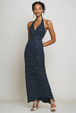 Navy Sheath Halter Long White Polka Dots Dress