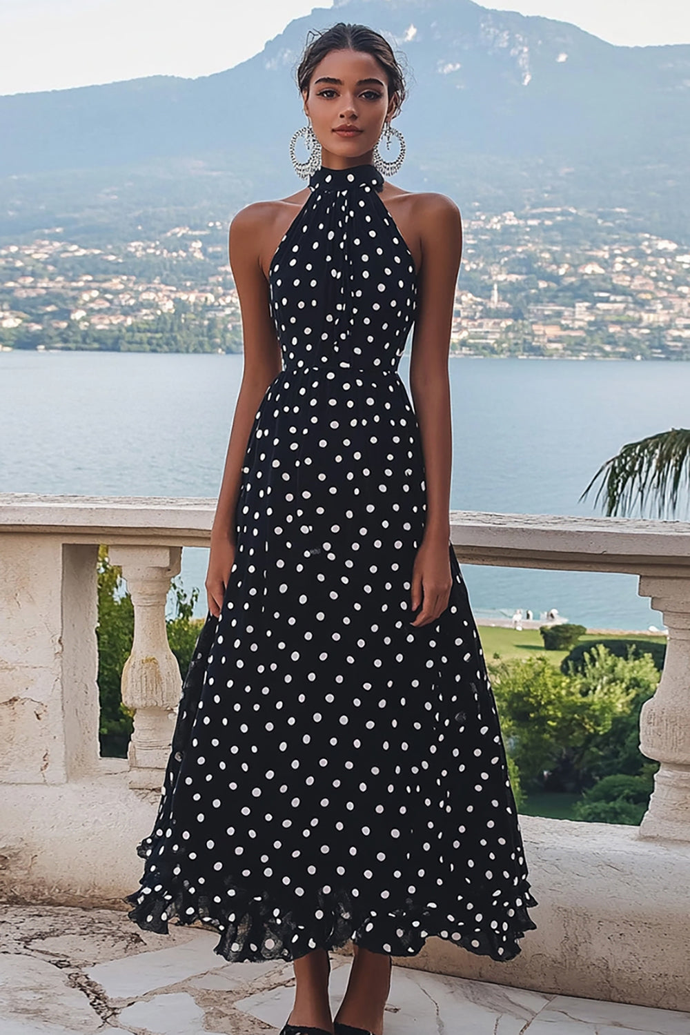 A Line High Neck Black White Polka Dots Dress