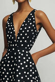 Black A Line V Neck Midi Polka Dots Dress