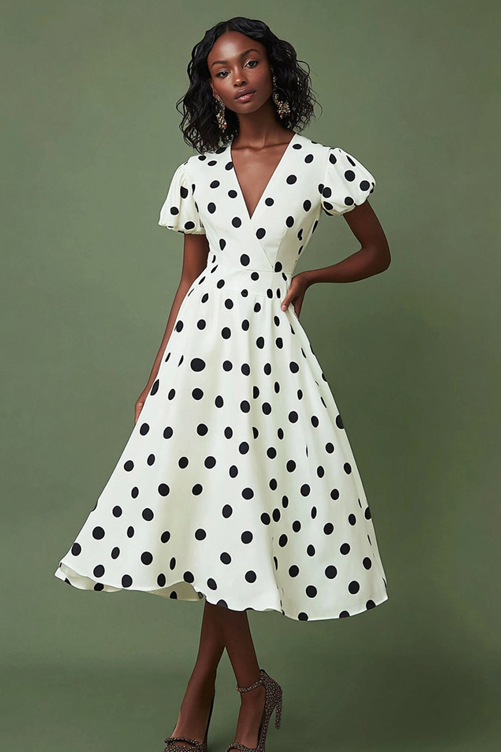 A Line V Neck Summer Polka Dots Dress with Puff Sleeves