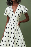 A Line V Neck Summer Polka Dots Dress with Puff Sleeves