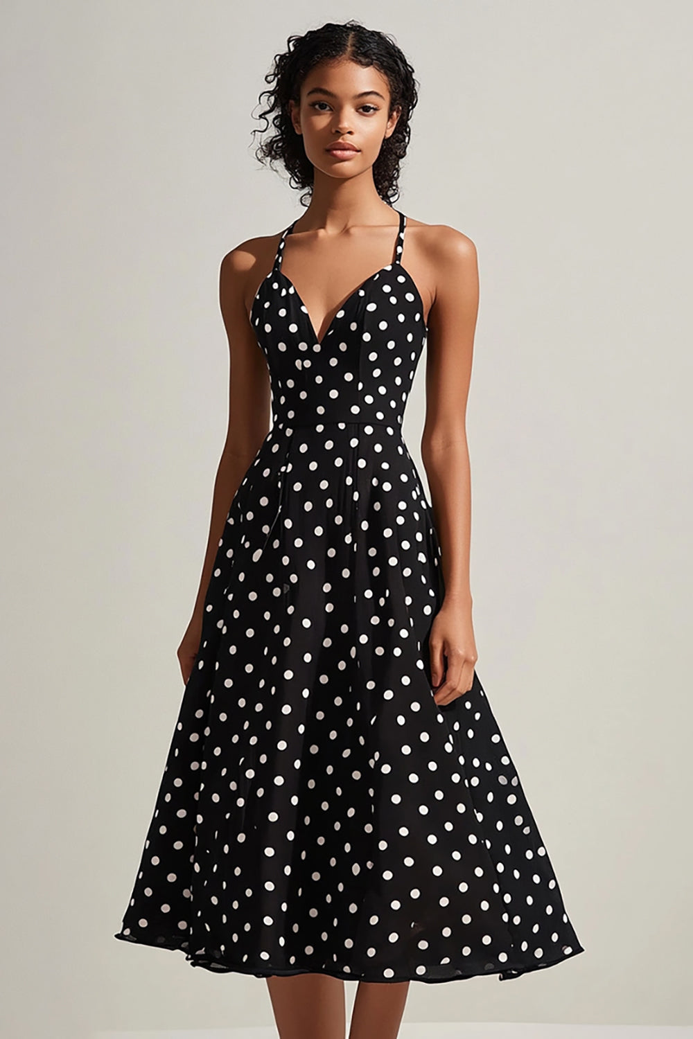 A Line Spaghetti Straps Black White Polka Dots Dress