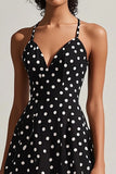 A Line Spaghetti Straps Black White Polka Dots Dress