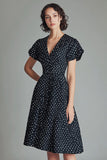 Black A Line V Neck Mini Polka Dots Dress with Short Sleeves