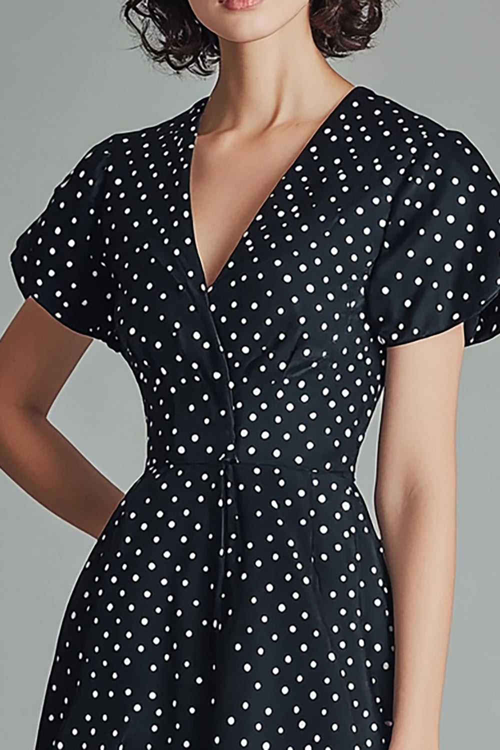 Black A Line V Neck Mini Polka Dots Dress with Short Sleeves