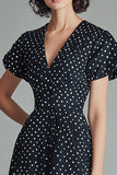Black A Line V Neck Mini Polka Dots Dress with Short Sleeves