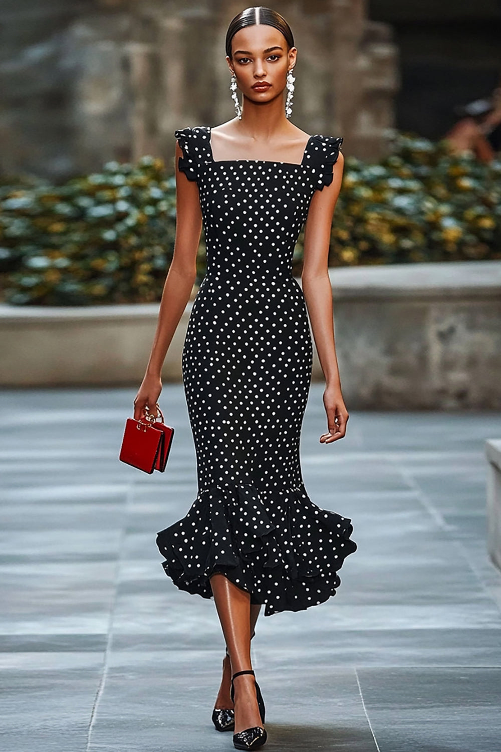 Mermaid Square Neck Black White Polka Dots Dress