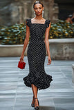 Mermaid Square Neck Black White Polka Dots Dress