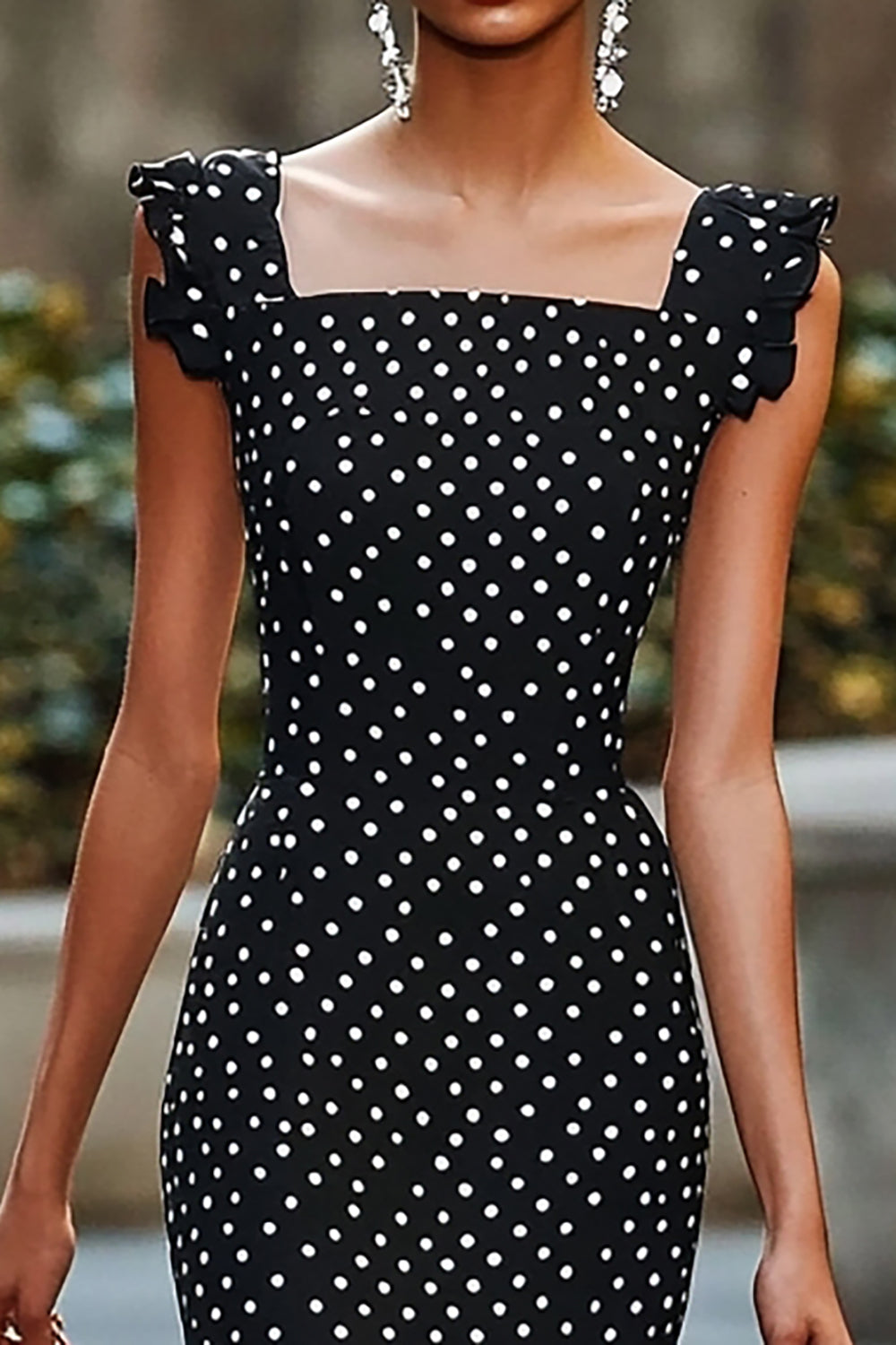 Mermaid Square Neck Black White Polka Dots Dress
