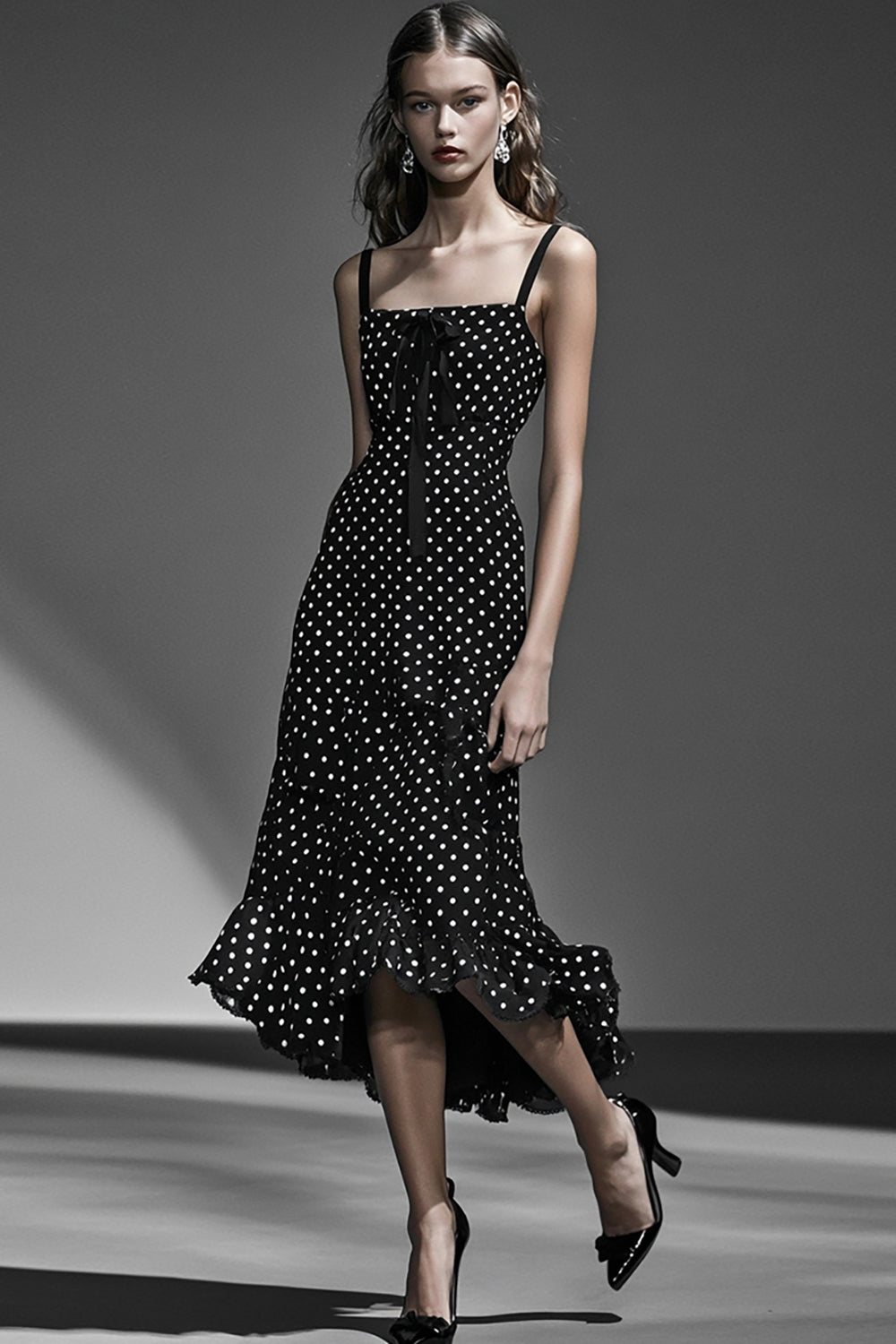 Black A Line Ruffled Summer Polka Dots Dress With Bow