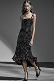 Black A Line Ruffled Summer Polka Dots Dress With Bow