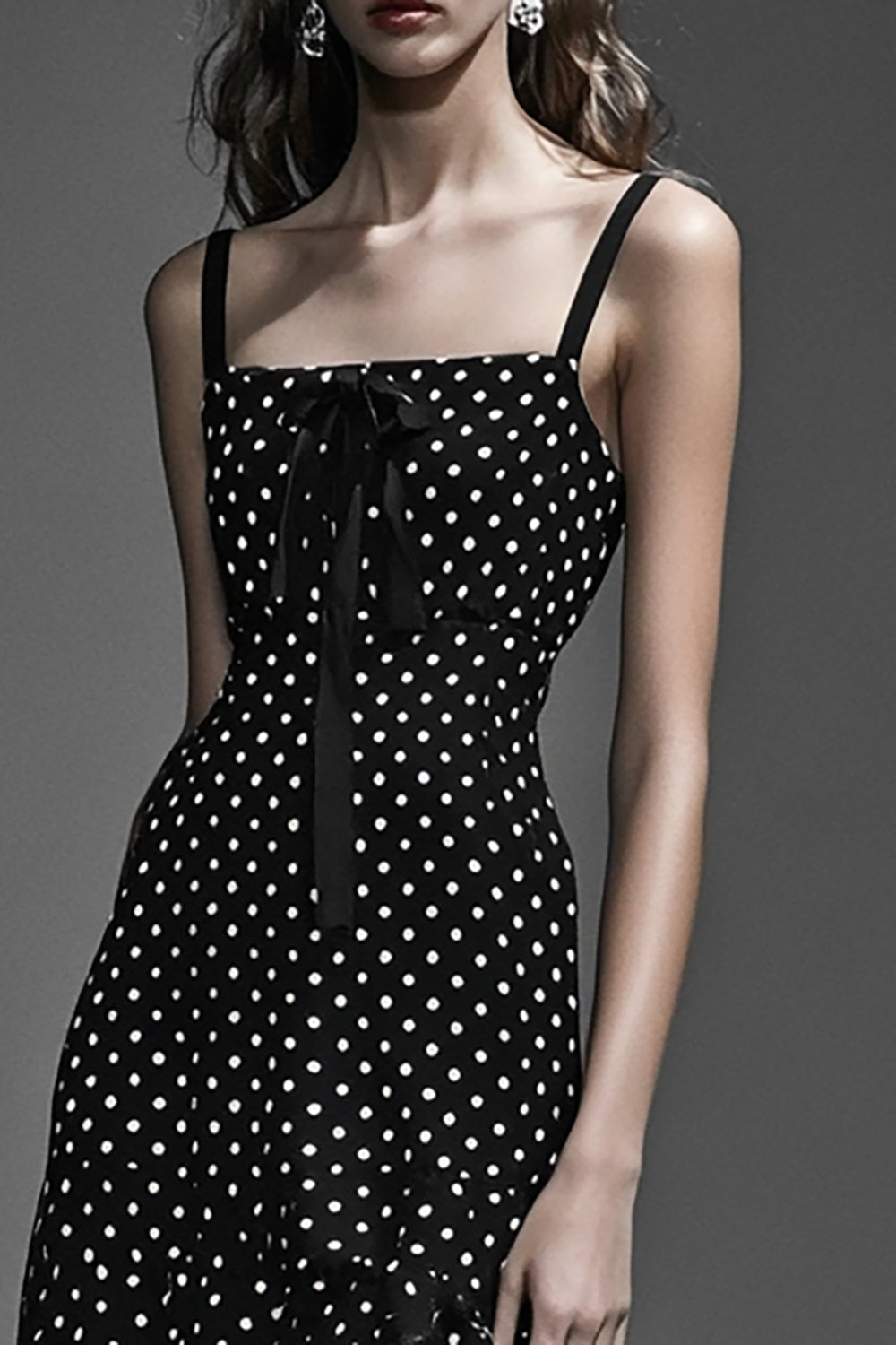 Black A Line Ruffled Summer Polka Dots Dress With Bow