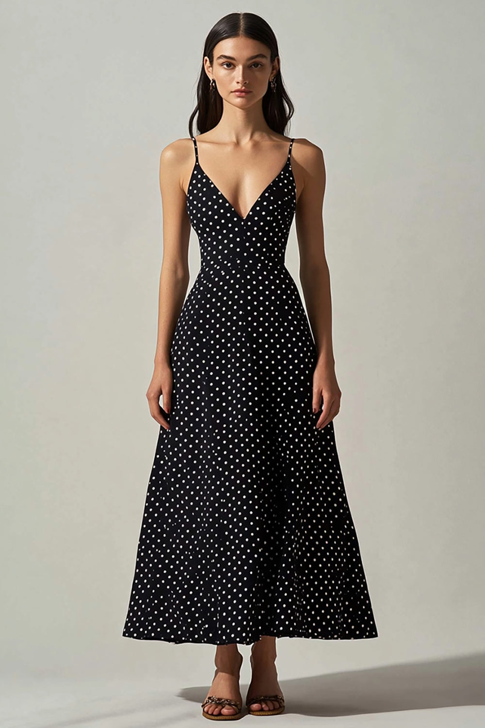 A Line Black White Dot Spaghetti Straps Summer Polka Dots Dress