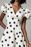 White Black V Neck Summer Polka Dots Dress with Puff Sleeves