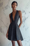 Black A Line V Neck Mini Cocktail Dress With Polka Dots