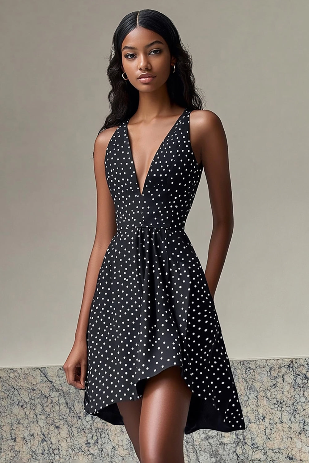 A Line Black White V Neck Mini Polka Dots Dress