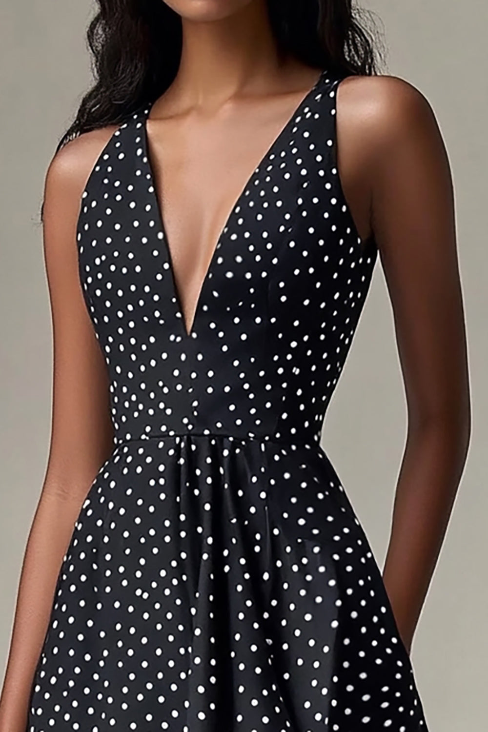 A Line Black White V Neck Mini Polka Dots Dress