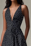 A Line Black White V Neck Mini Polka Dots Dress