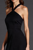 A Line Halter Black Midi Formal Dress with Slit