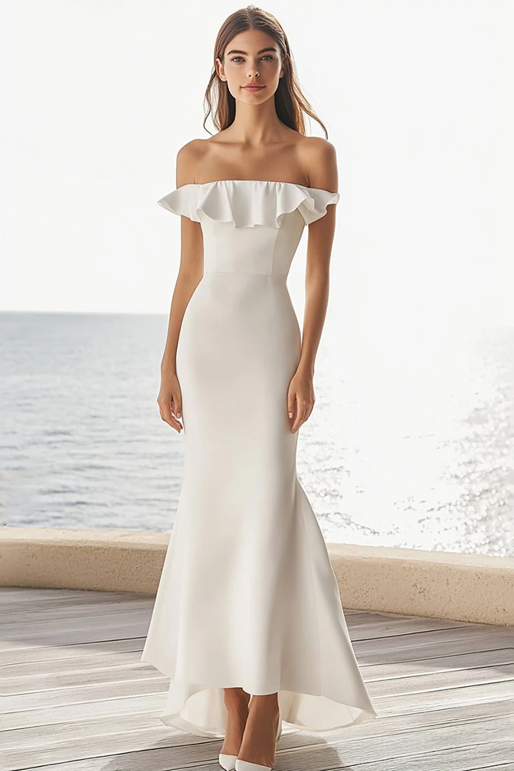 Off The Shoulder Ivory Mermaid Ruffled Wedding Dress