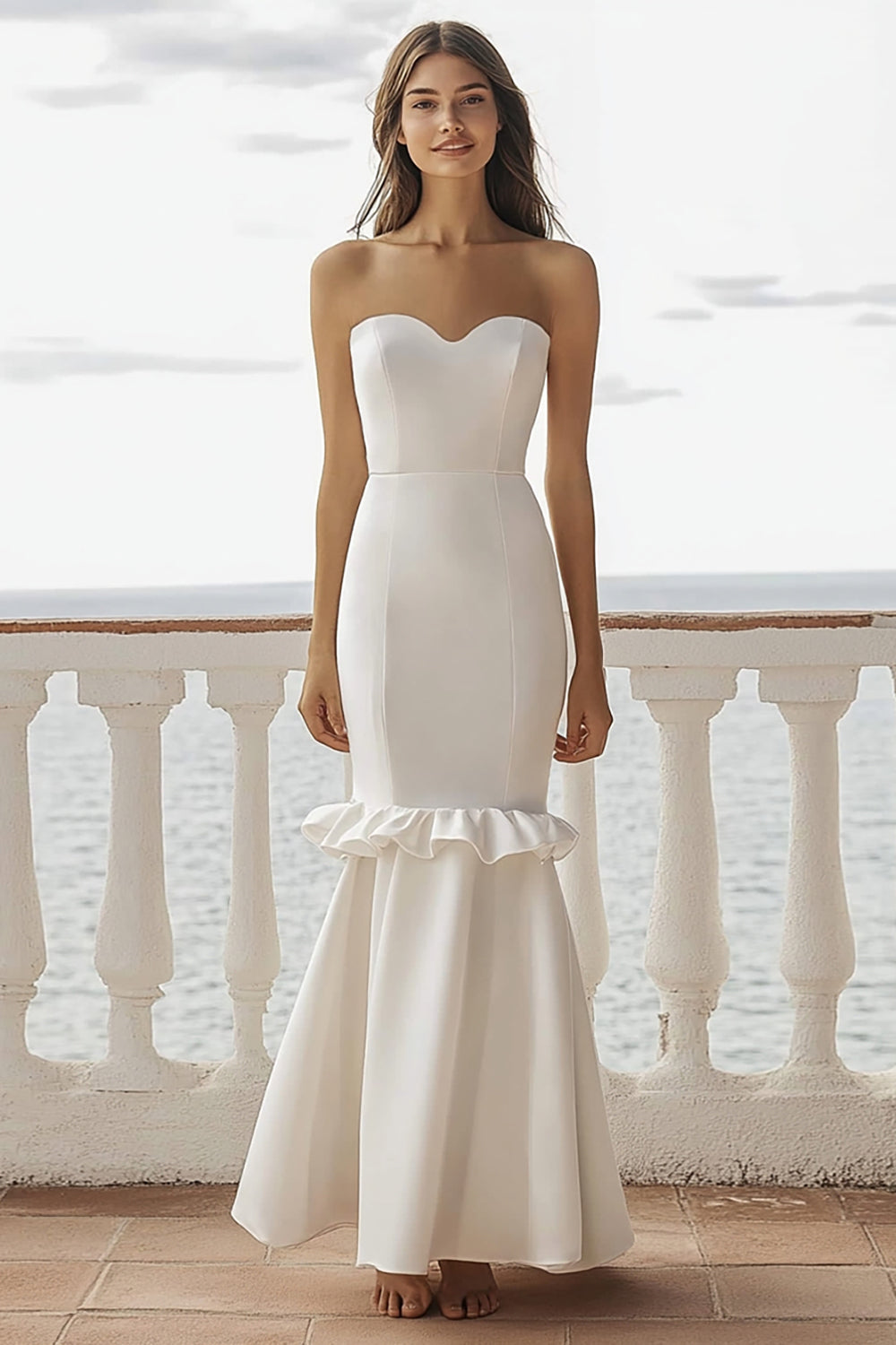 Ivory Strapless Mermaid Wedding Dress with Ruffles