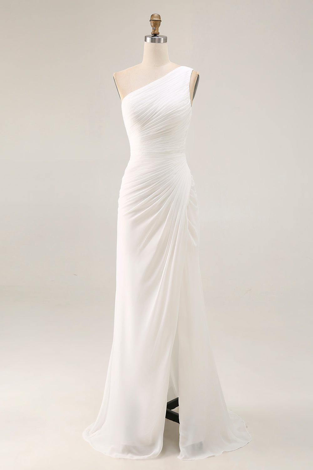 One Shoulder Ivory Ruched Engagement Dress with Slit