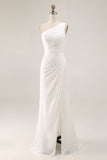 Ivory One Shoulder Ruched Engagement Dress with Slit