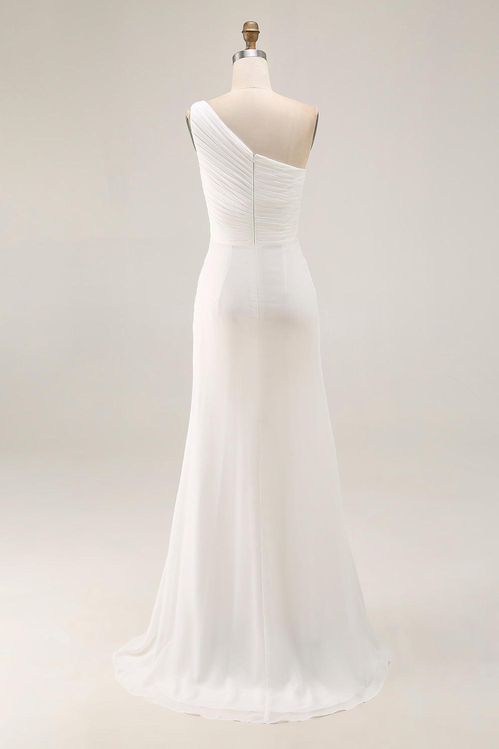 One Shoulder Ivory Ruched Engagement Dress with Slit