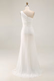 One Shoulder Ivory Ruched Engagement Dress with Slit