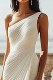 One Shoulder Ivory Ruched Engagement Dress with Slit