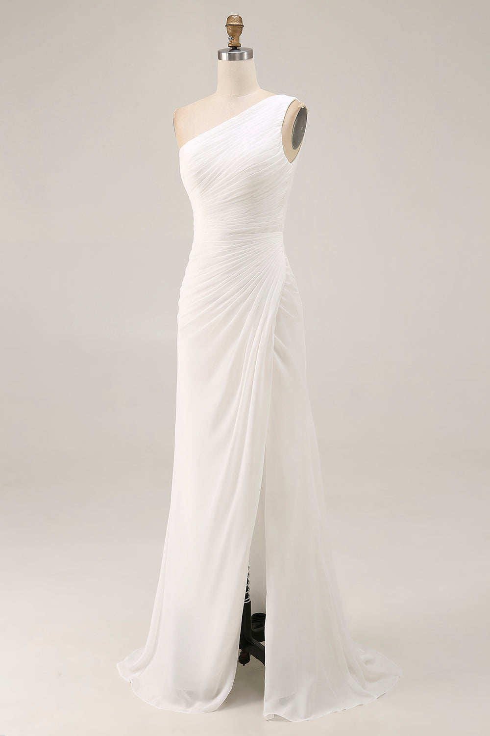 One Shoulder Ivory Ruched Engagement Dress with Slit